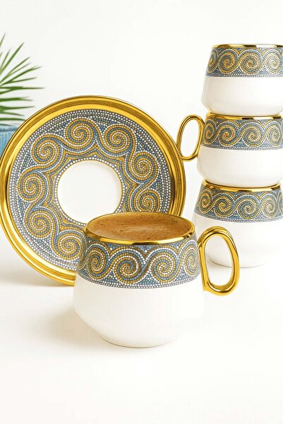 Jenisa Zeugma Desenli Altın Yaldızlı 6 Kişilik Türk Kahve Fincan Takımı – 12 ...