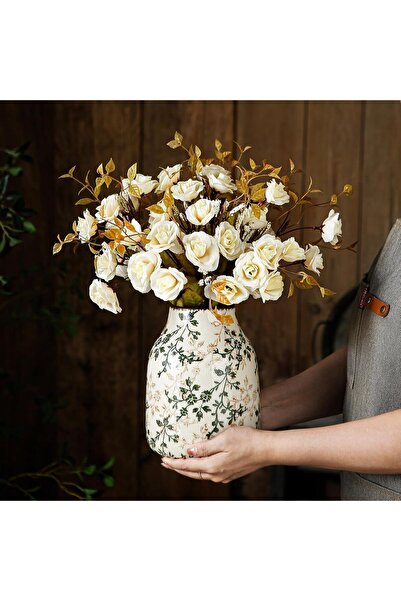 Generic Vintage Ceramic Floral Vase, Green and White Chinoiserie - 7.8 Inch