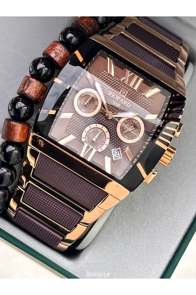 Reward Men's Watch, Steel-Silicone Band, Functions Active, Brown Calendar, Stylish Box, Bracelet Gift