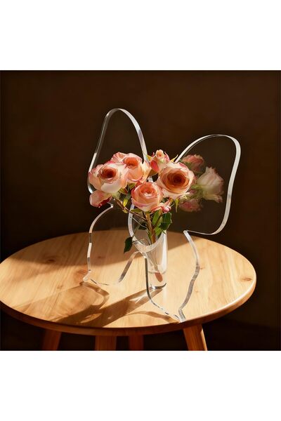 Generic Acrylic Butterfly Vase with Artificial Rose - Transparent Acrylic Decorative Centerpiece
