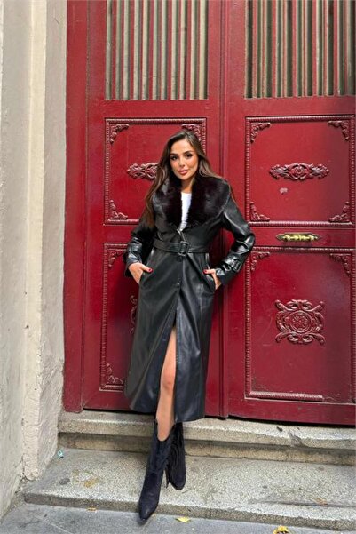 Neşeli Butik kadın yaka çıkarılabilir kürk detaylı düğmeli deri trençkot NBST...