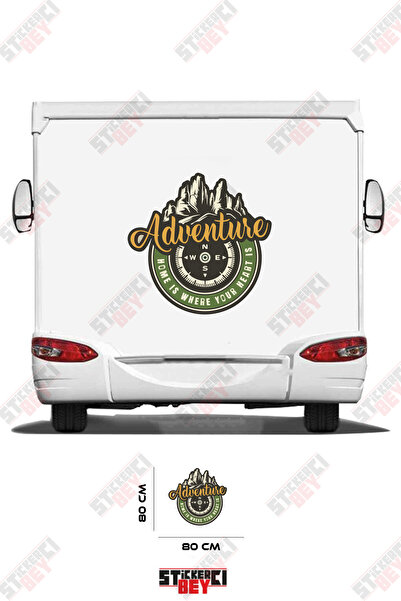 STİCKERCI BEY ملصق كارافان مطبوع عليه عبارة 'مغامرة' وصورة جبل وبوصلة