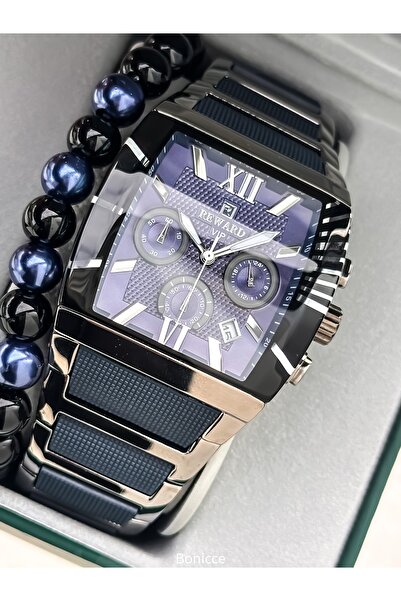 Reward Men's Watch, Steel-Silicone Band, Functions Active, Navy Blue, with Calendar, in Stylish Box, Bracelet Gift