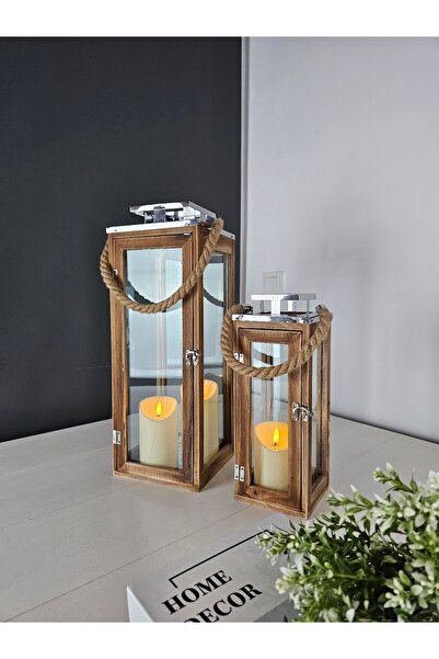 EVİMTATLIEVİM Çelik Çatılı İkili Ahşap Mumluk Fener Seti Nordora
