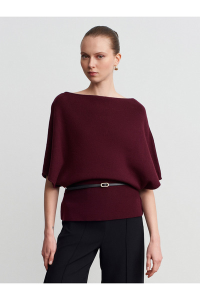 Dilvin 10838 Wool Blend Belted Boat Neck Sweater-Burgundy M.