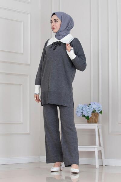 Sevitli Σετ πλεκτό με λεπτομέρεια φιόγκου στο λαιμό-ΑΝΘΡΑΚΙΤΙΚΟ