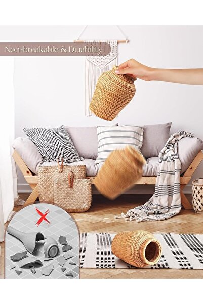 KASTWAVE Rattan Hand-Woven Boho Wicker Vase for Pampas Grass & Flower Arrangements (8 in, Brown)