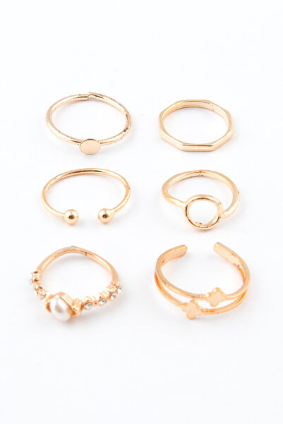 Sortie Aksesuar مجموعة من 6 خواتم مزينة بالزركون واللؤلؤ مع أشكال دائرية وزهور