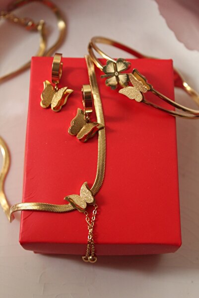 Kudi Kelebek motifli Kolye çelik bileklik ve sallantılı simli küpe