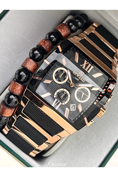 Reward Men's Watch, Steel-Silicone Band, Functions Active, Black Rose, with Calendar, in Stylish Box, Bracelet Gift