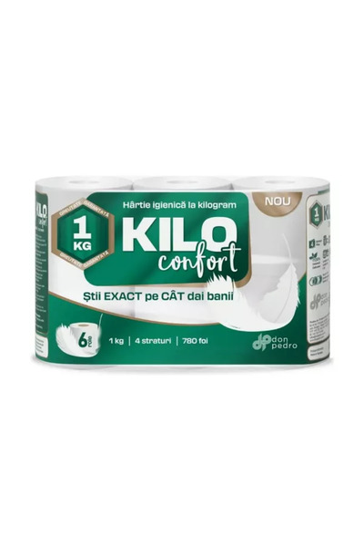 Kilo Confort Hârtie igienică KILO albă, 4 straturi, set de 6 role
