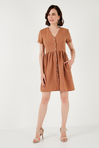 Lela Pocketed Front Buttoned Short Sleeve V-Neck Regular Fit Dress Dress 611E...