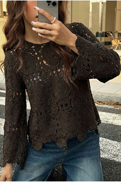FEMELLE Women's Brown Crochet Blouse