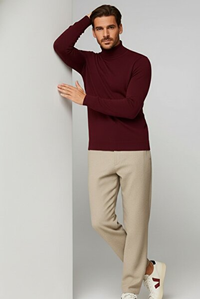 COMBİNE MİCHAİL Men's Winter Burgundy Half Fisherman Knit Sweater