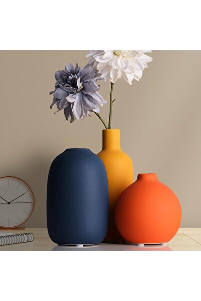 EXRP Ceramic Vase Set of 3 - Minimalist Multi-Color (Yellow, Orange, Blue) for Home Decor