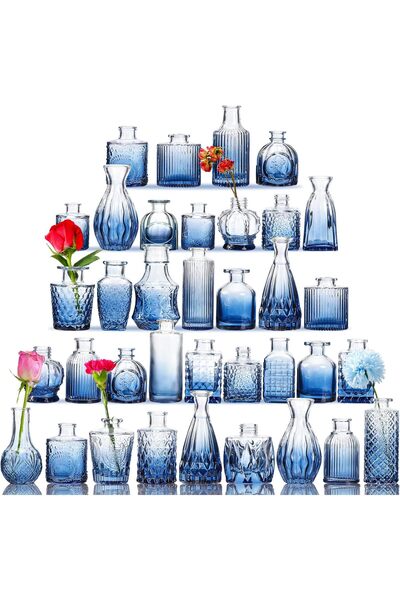 Fixwal مجموعة من 36 مزهرية زجاجية زرقاء - مزهريات صغيرة للزينة المركزية (زرقاء)