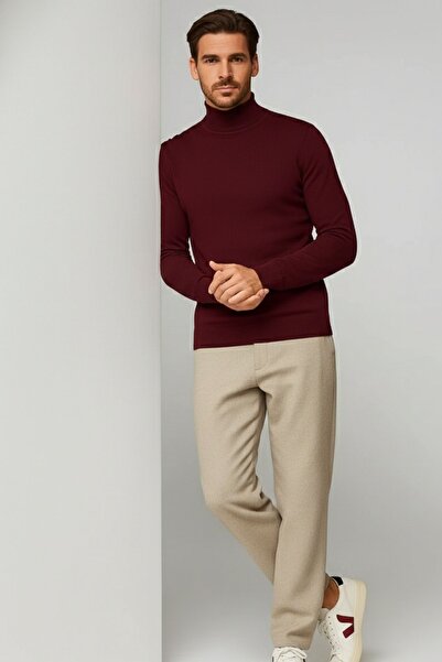 COMBİNE MİCHAİL Men's Winter Burgundy Half Fisherman Knit Sweater