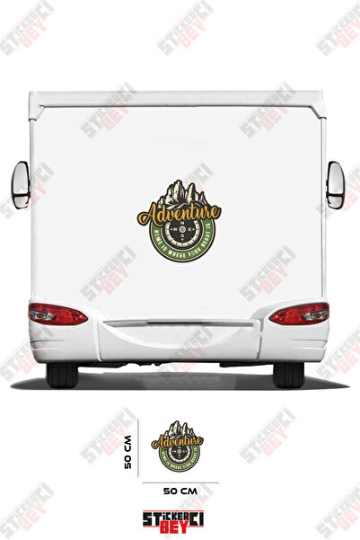 STİCKERCI BEY ملصق كارافان مطبوع عليه عبارة 'مغامرة' وصورة جبل وبوصلة