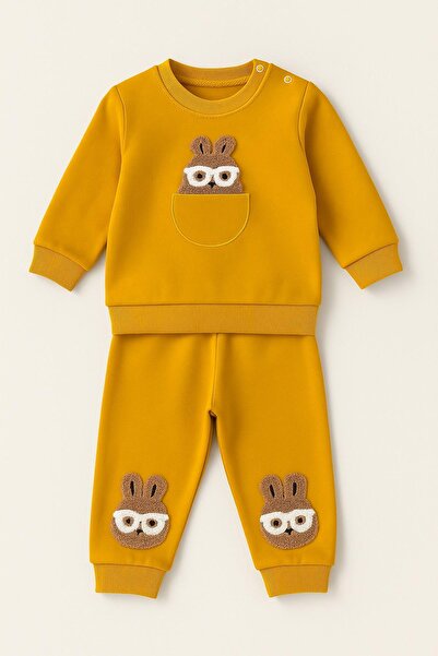 dinamik çocuk Girl baby cute rabbit embroidered long sleeve 2-piece bottom top baby set with glasses %100 cotton 6-9-12-18 months