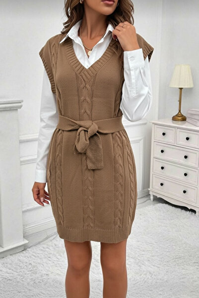 NEWCO V-Neck Sleeveless Knitted Patterned Belted Mini Knitwear Dress Regular