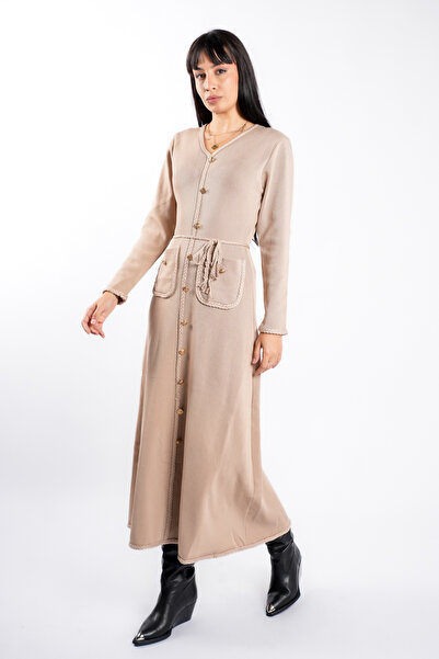monarh Beige dress with gold buttons and braided cord