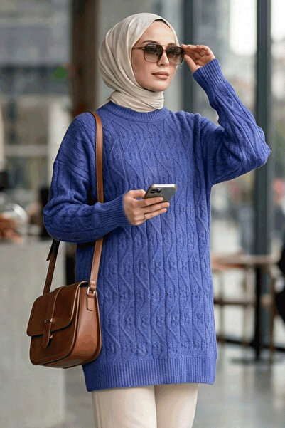 N.S NEVA STYLE Patterned Indigo Blue Hijab Knitwear Sweater Tunic 86541Im