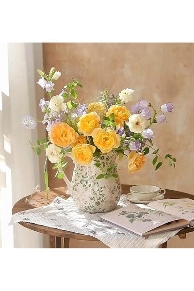 NALACAL Floral Ceramic Vintage Pitcher Vase with Handle, Farmhouse Style, Green Flower Pattern (8 in