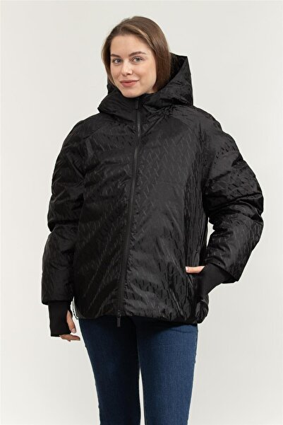 Armani Exchange Women's Full Fit Hooded Jacquard Patterned Puffer Coat - Black