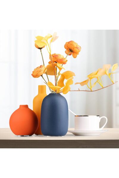 EXRP Ceramic Vase Set of 3 - Minimalist Multi-Color (Yellow, Orange, Blue) for Home Decor