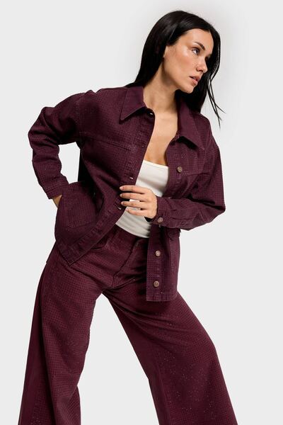 it's basic Women's Burgundy Color T-6W5-122 Oversized Shiny Stone Special Design Denim Jacket