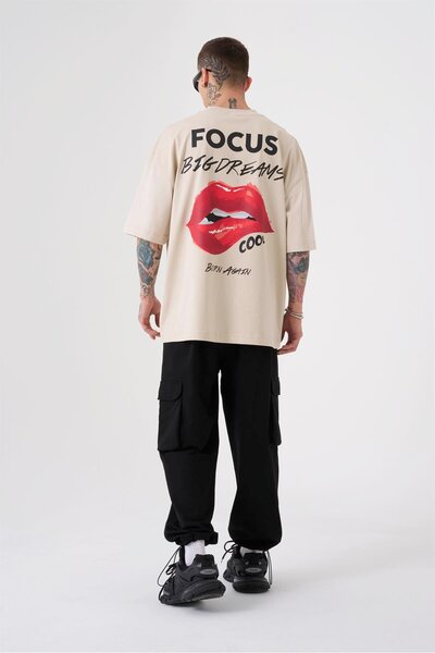 Machinist Men's Focus Big Dreams Printed Overize T-Shirt Light Beige