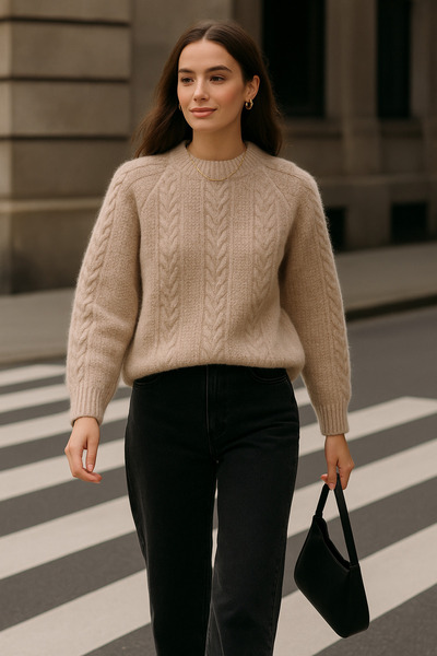 Rich Women's Beige Knitted Patterned Long Sleeve Soft Textured Crew Neck Knitwear Sweater