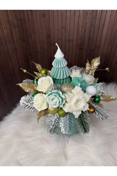 Amintiria Decorative arrangement with natural soy wax candles and fir, green-white