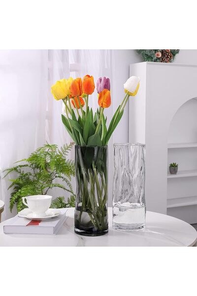 AZONEE 30cm Handmade Grey Glass Vase for Long-Stem Flowers