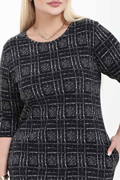 modayız Double Pocket Patterned Stretchy Winter Plus Size Midi Dress 21E-2761