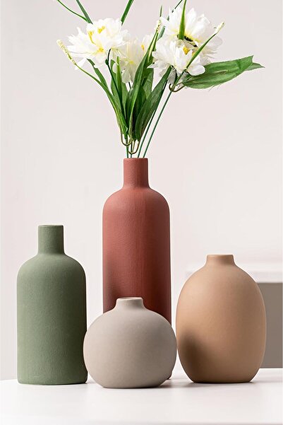 VaseTopia Ceramic Vase Set of 4 - Minimalist Boho Home Decor (Red/Green/Dark Brown/Grey)