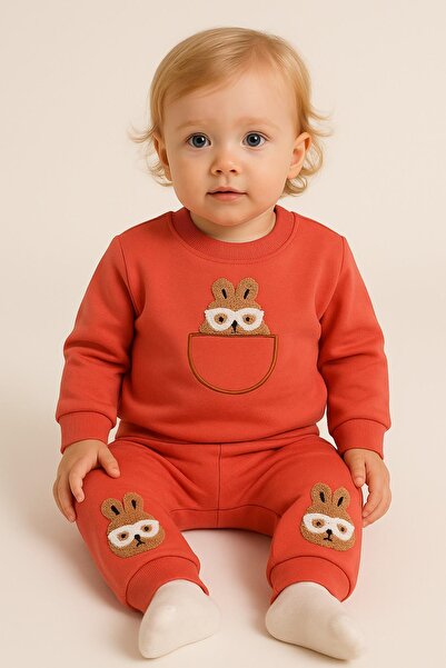 dinamik çocuk Girl baby cute rabbit embroidered long sleeve 2-piece bottom top baby set with glasses %100 cotton 6-9-12-18 months