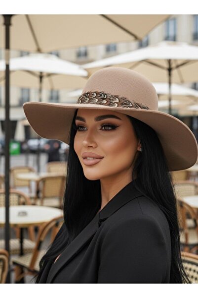 sf collection Pălărie din pâslă cu boruri largi pentru femei, elegantă, în stil boho, cu accesorii din pene