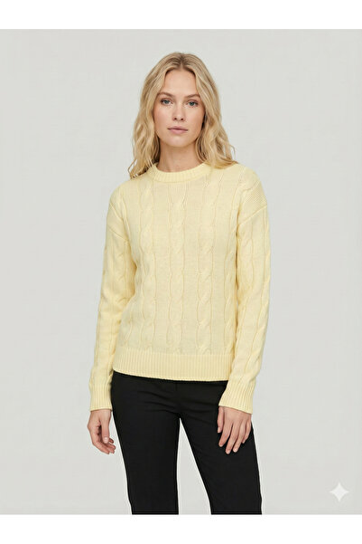 Sibel Günay Butik Pulover tricotat galben cu gât rotund cu model pentru femei...