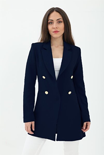 VELİZADE Kadın Lacivert Kruvaze Gold Düğmeli Blazer Ceket Omuz Vatkalı