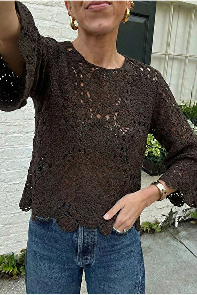 FEMELLE Women's Brown Crochet Blouse