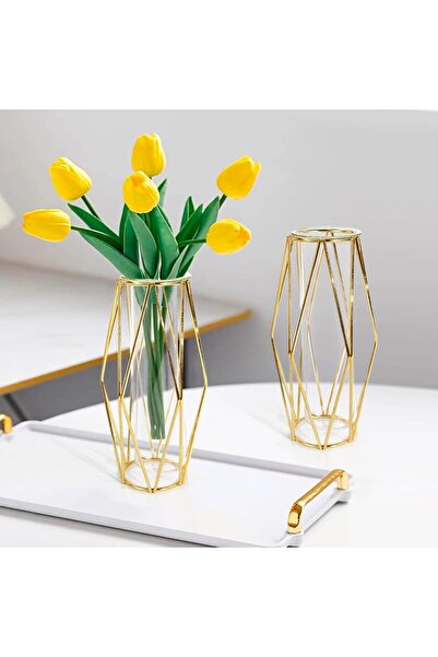 AZONEE Gold Geometric Test Tube Vase Set, 2 pcs (7.3 in) - Clear Glass with Metal Stand