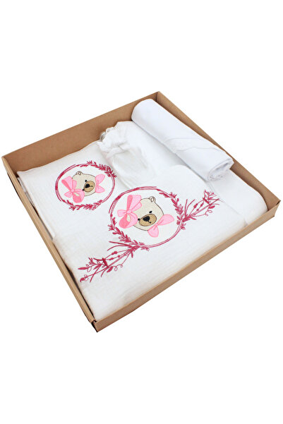 PRICHINDEL Set botez din muselină, 7 piese, ursuleț cu fundă roz, brodat, alb
