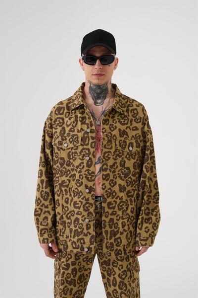 Machinist Men's Oversized Patterned Denim Jeans Jacket Leopard