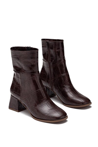 Dedos Women's Zippered Daily Short Heeled Croccon Detailed Boots 4205