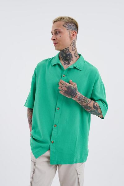 Machinist supradimensionat Cămașă din in cu mânecă scurtă verde