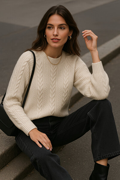 Rich Women's Ecru Knitted Patterned Long Sleeve Soft Textured Crew Neck Knitwear Sweater