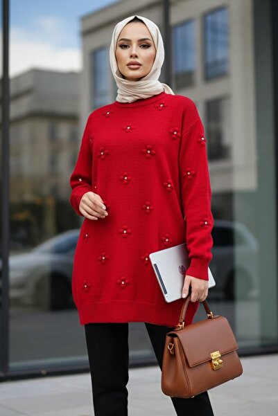 N.S NEVA STYLE Floral Detailed Red Hijab Knitwear Sweater Tunic 8764K