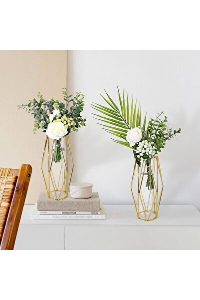 AZONEE Gold Geometric Test Tube Vase Set, 2 pcs (7.3 in) - Clear Glass with Metal Stand