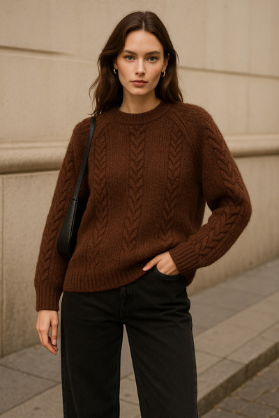 Rich Women's Brown Knitted Patterned Long Sleeve Soft Textured Crew Neck Knitwear Sweater